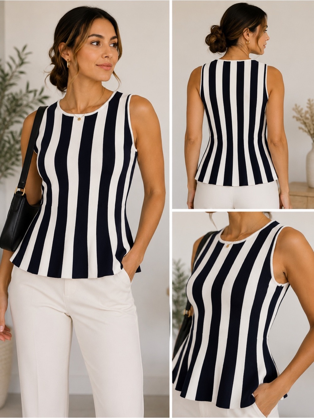 Ann Taylor Black & White Striped Sleeveless Peplum Knit Top XS Stretch Blouse